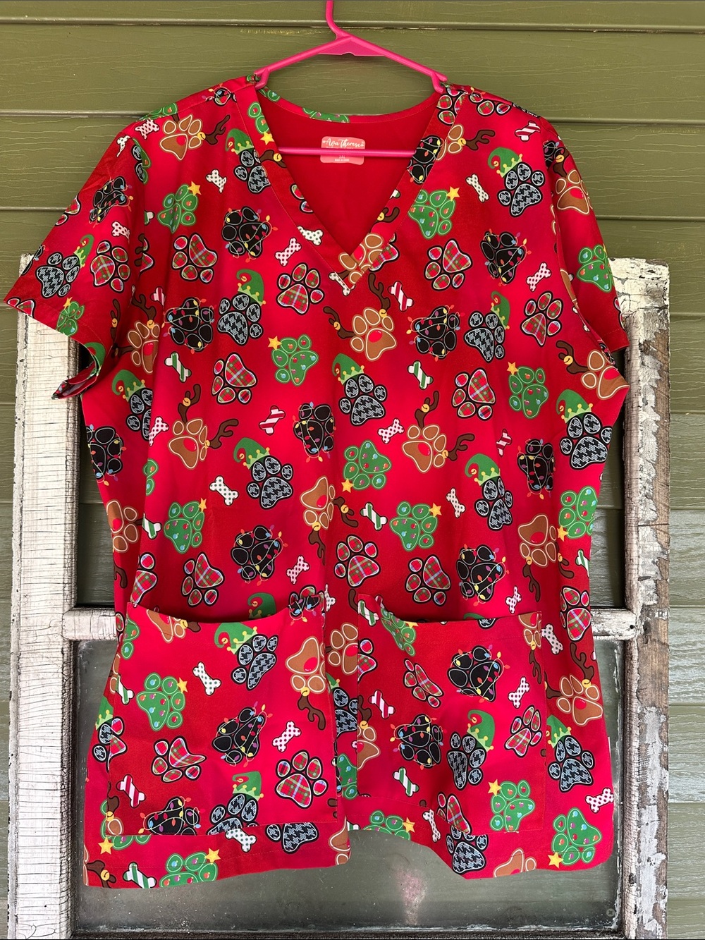 Ava Therese Red Paw Print Christmas V-Neck Scrub Top